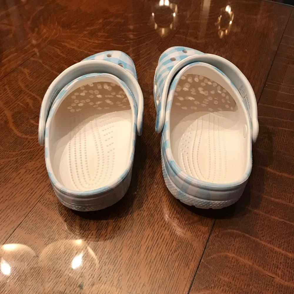 CROCS Kids Gingham Clogs in Light Blue and White